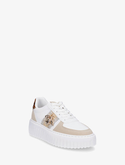 Sneakers en simili à empiècement bijou strassé - Beige - 2