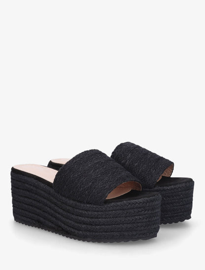 Mules à plateforme effet raphia - Noir - 4