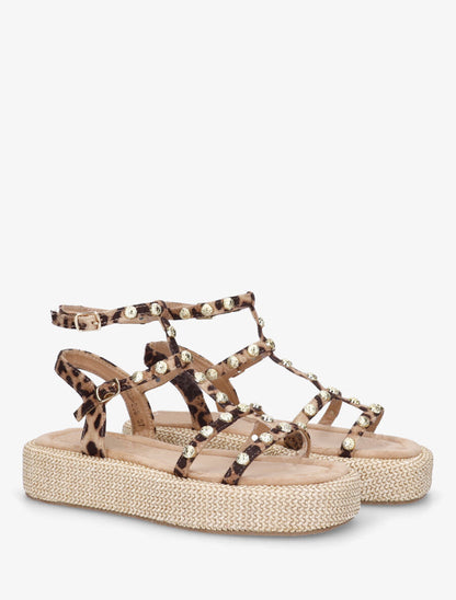 Sandales style spartiates cloutés imprimé léopard - Camel - 4