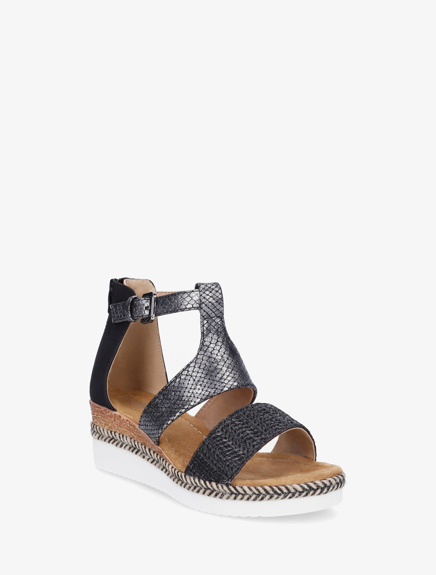 Sandali con zeppa testurizzati con dettaglio pitone - Nero