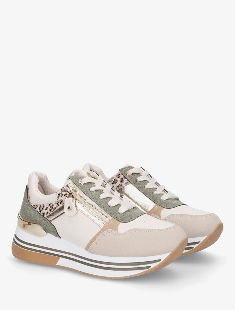 Baskets en simili à zip décoratif et empiècement léopard - Kaki - 4