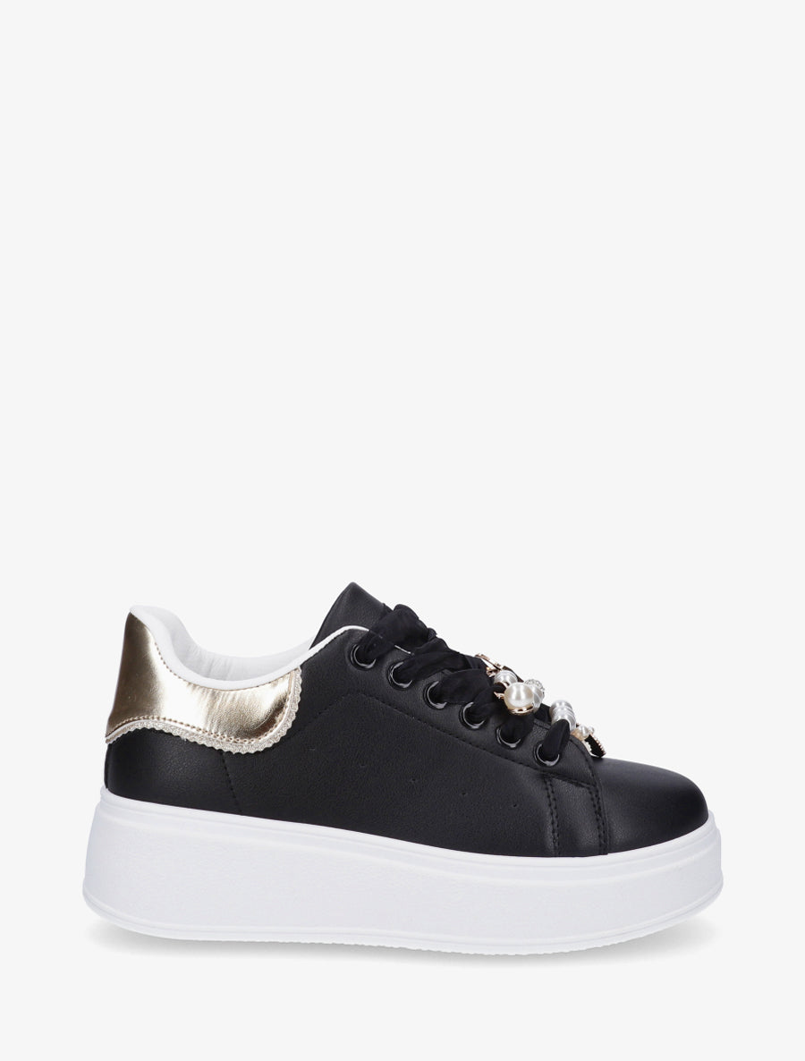 Sneakers à lacets en voile et empiècement bijoux - Noir - 1