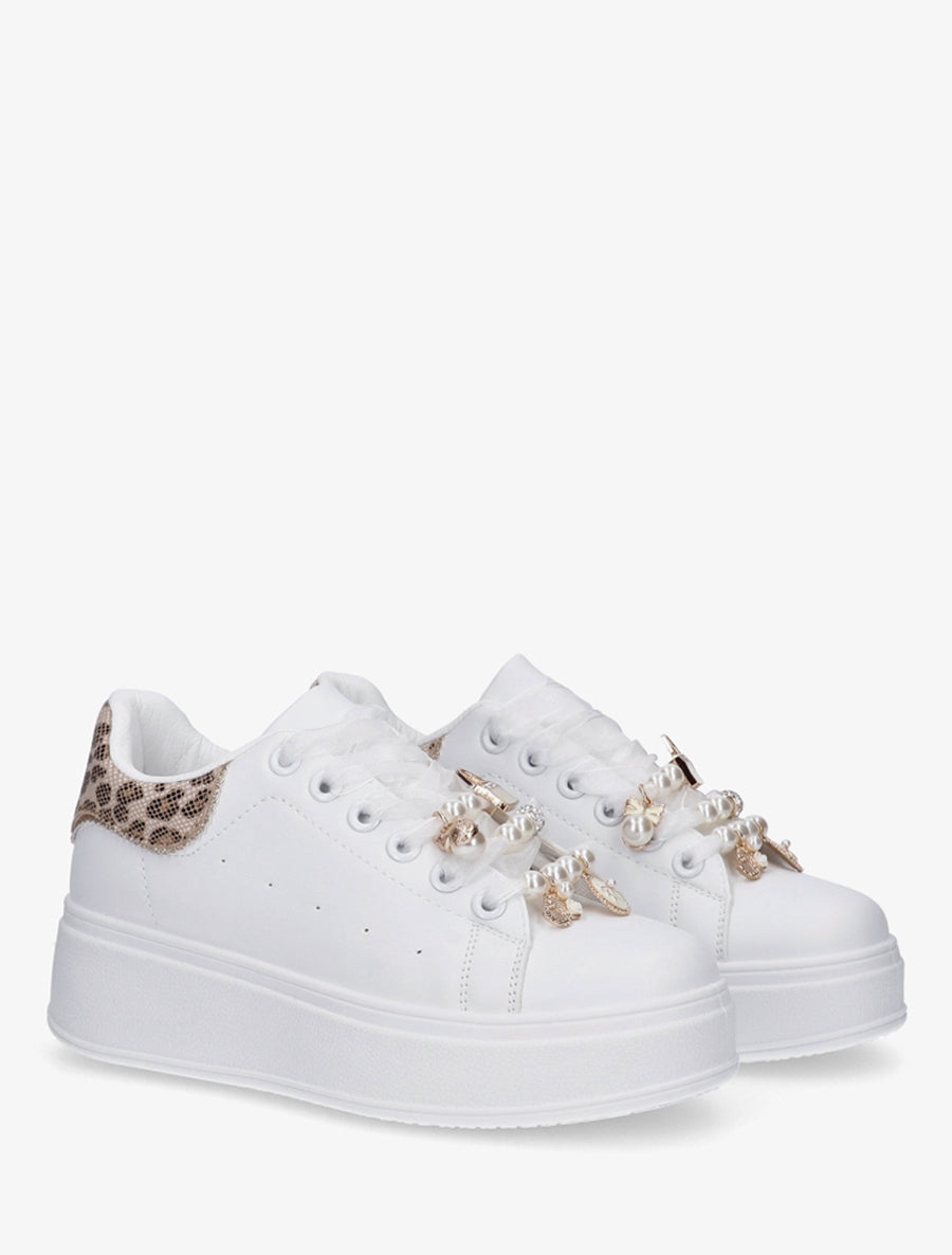 Sneakers à lacets en voile et empiècement bijoux - Camel - 4
