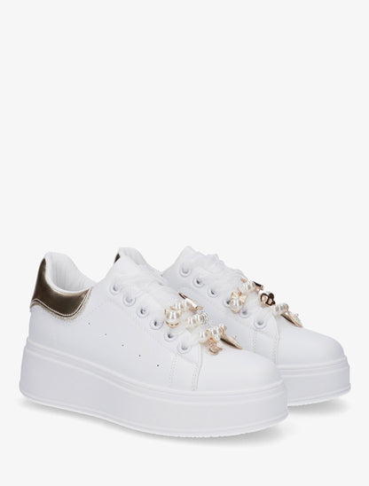 Sneakers à lacets en voile et empiècement bijoux - Or - 4