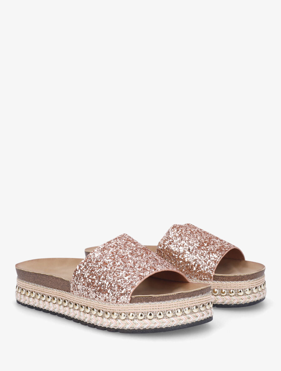 Mules à paillettes et semelle plateforme fantaisie - Rose gold - 4