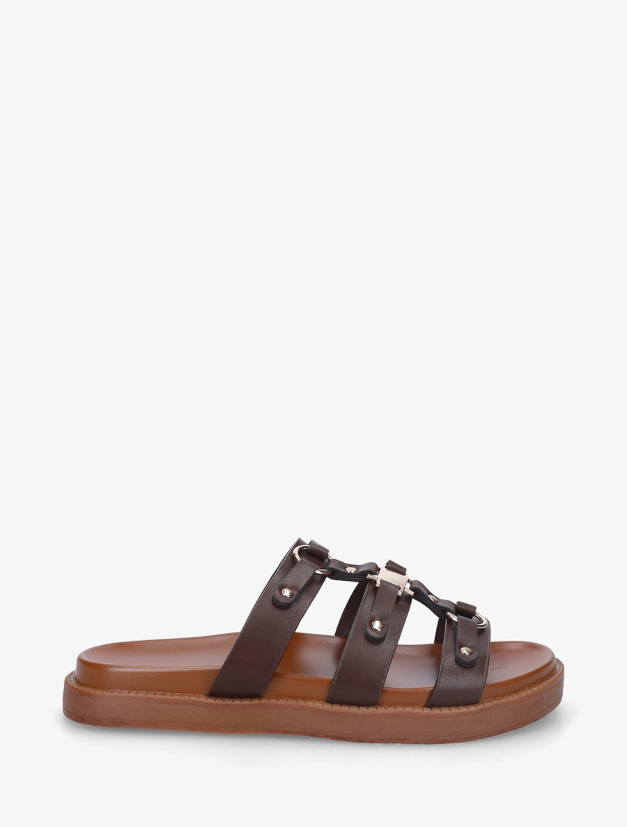 Mules en simili style spartiate - Marron - 1