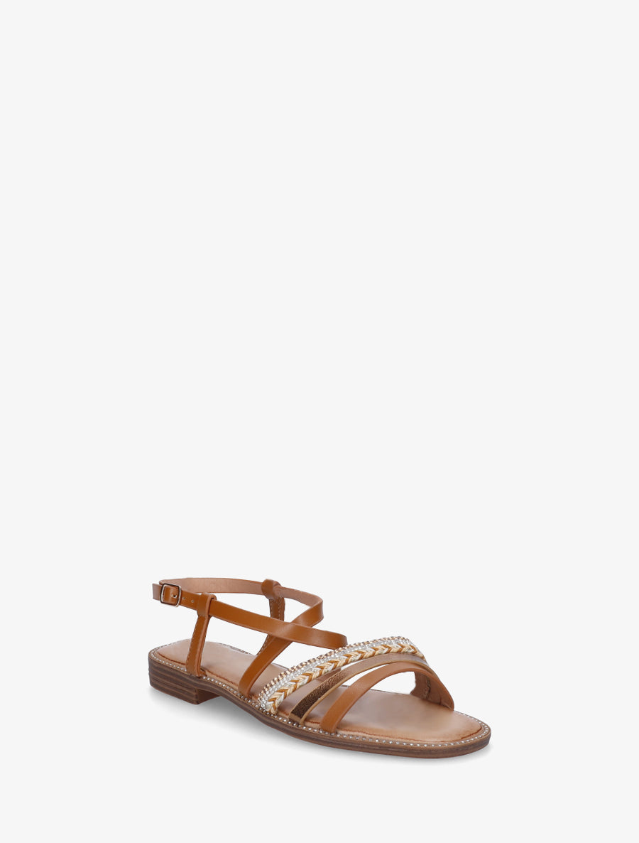 Nu-pieds multibrides à strass - Camel - 2