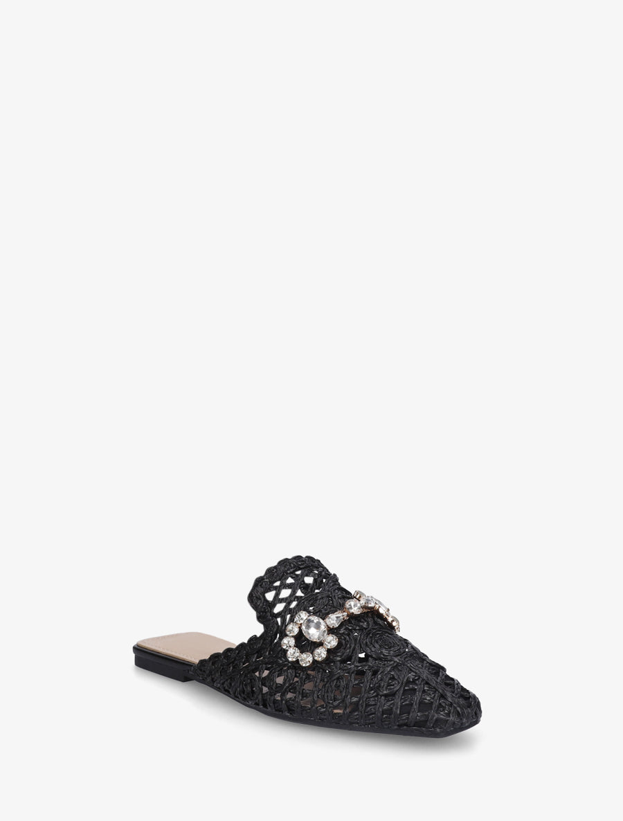Mules en raphia à bijoux strassés - Noir - 2