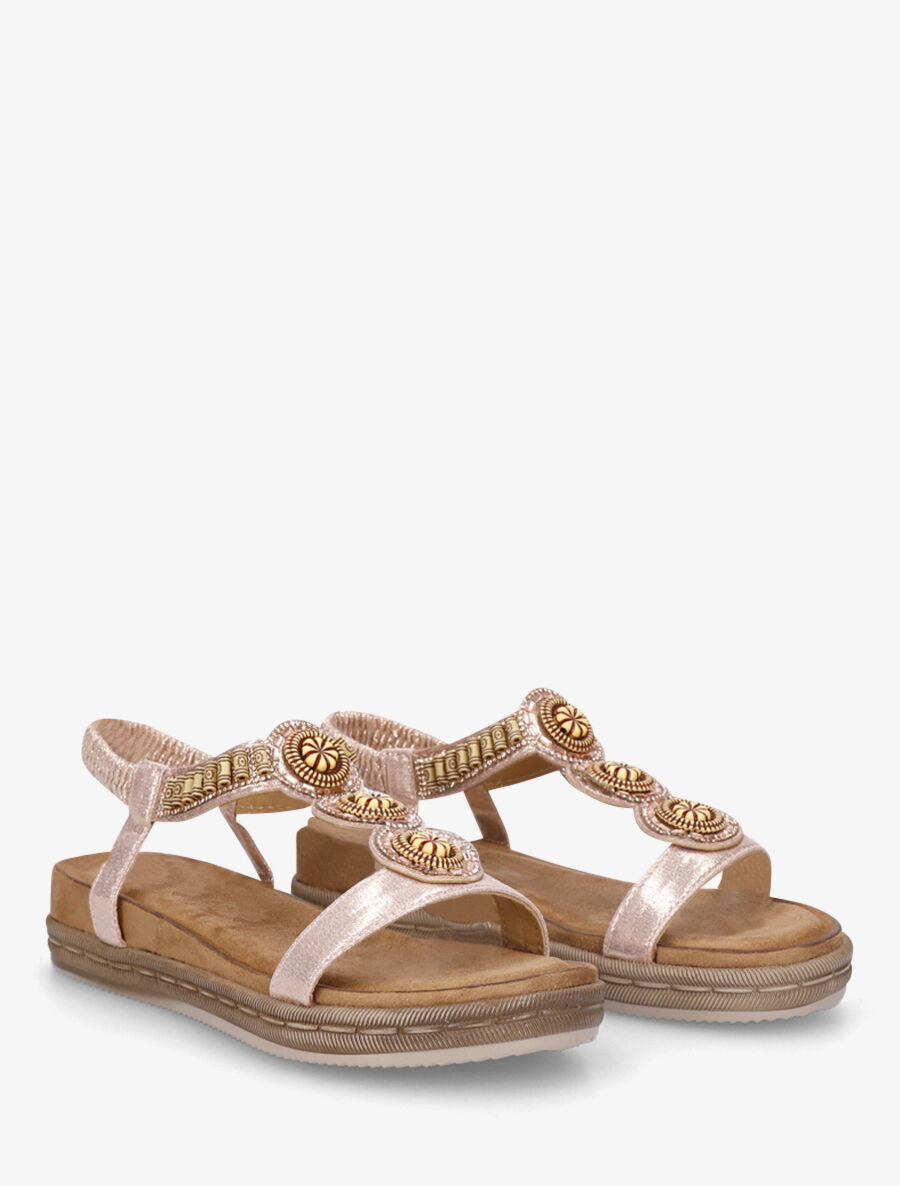 Nu-pieds à empiècement strass et perles en bois - Doré rose - 4