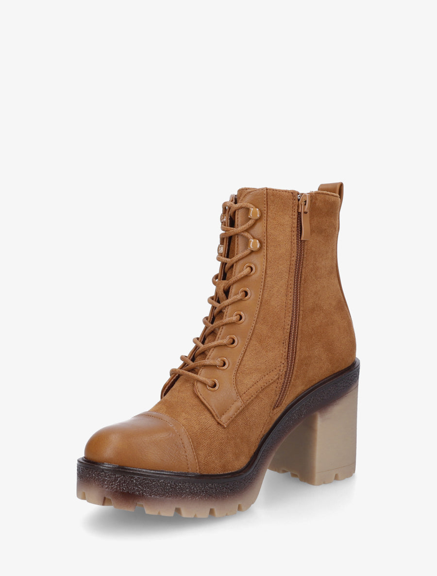 Bottines lacées en suédine et simili - Camel - 3