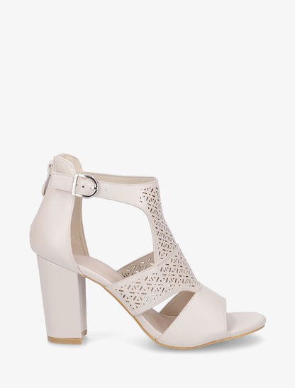 Sandales à talon et bride ajourée en simili - Beige - 5