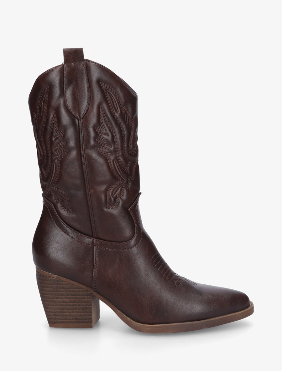 Bottines montantes en simili style santiag - Marron - 1