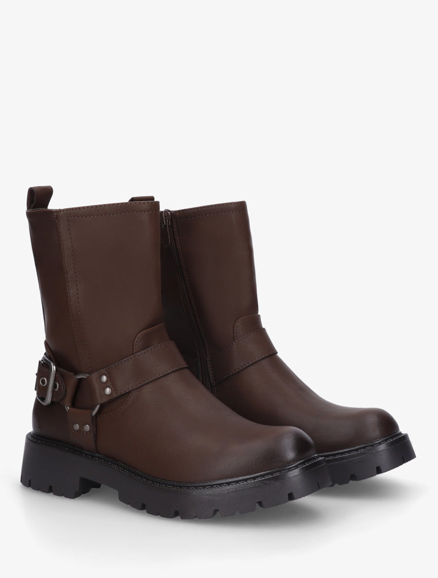 Bottines en simili à bout rond et sangle - Marron - 4