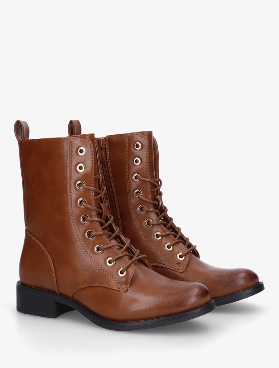 Bottines montantes à lacets en simili - Camel - 4