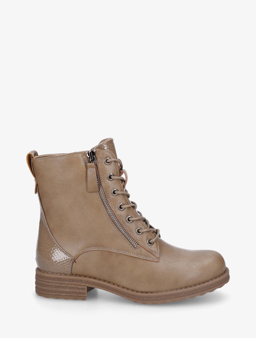 Bottines en simili à lacets et zip décoratif - Taupe - 1