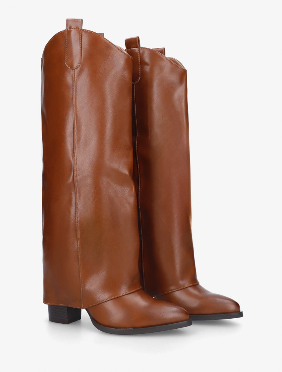 Bottes à talon et revers en simili - Camel - 4