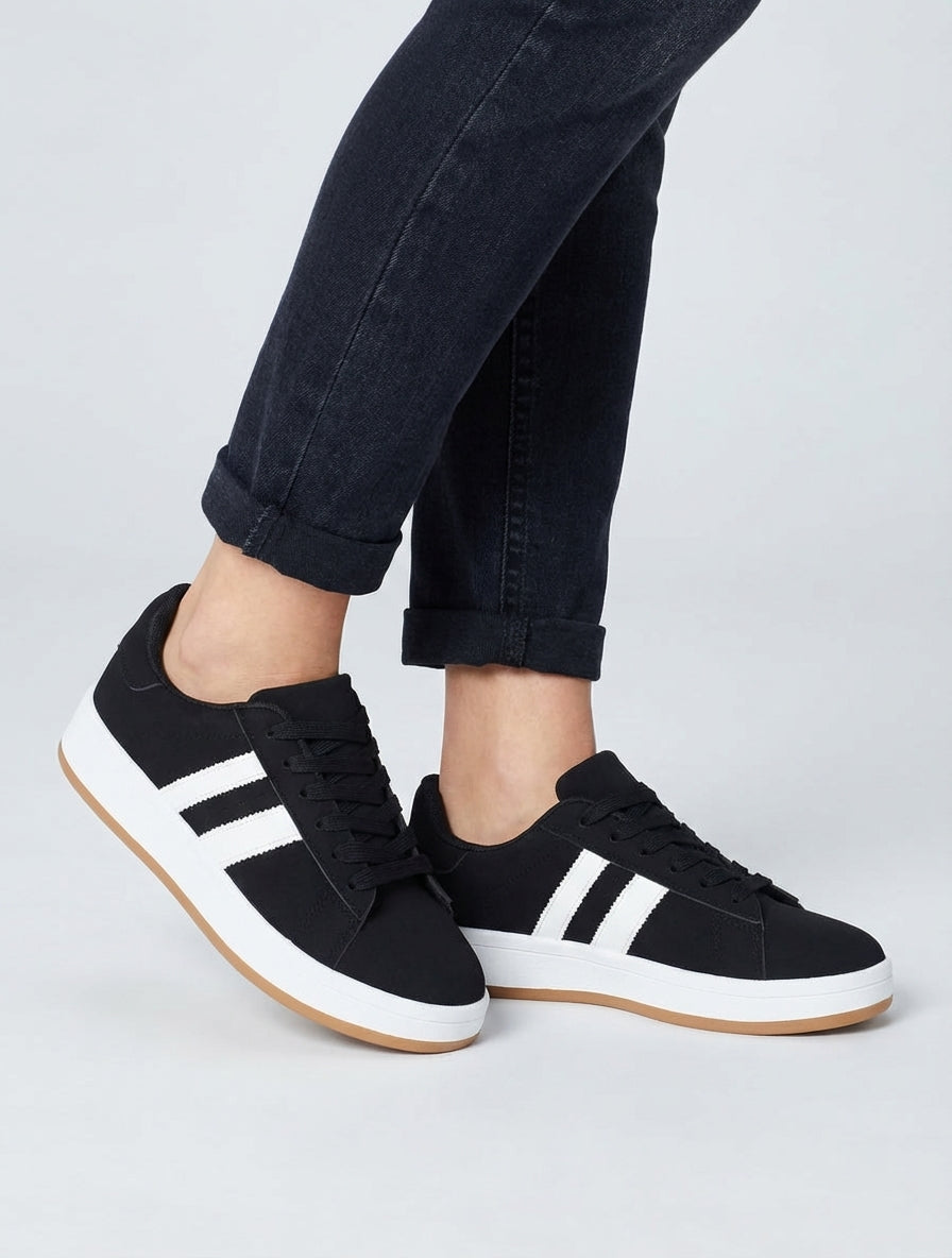 Sneakers effetto nabuk con bande a contrasto - Nero