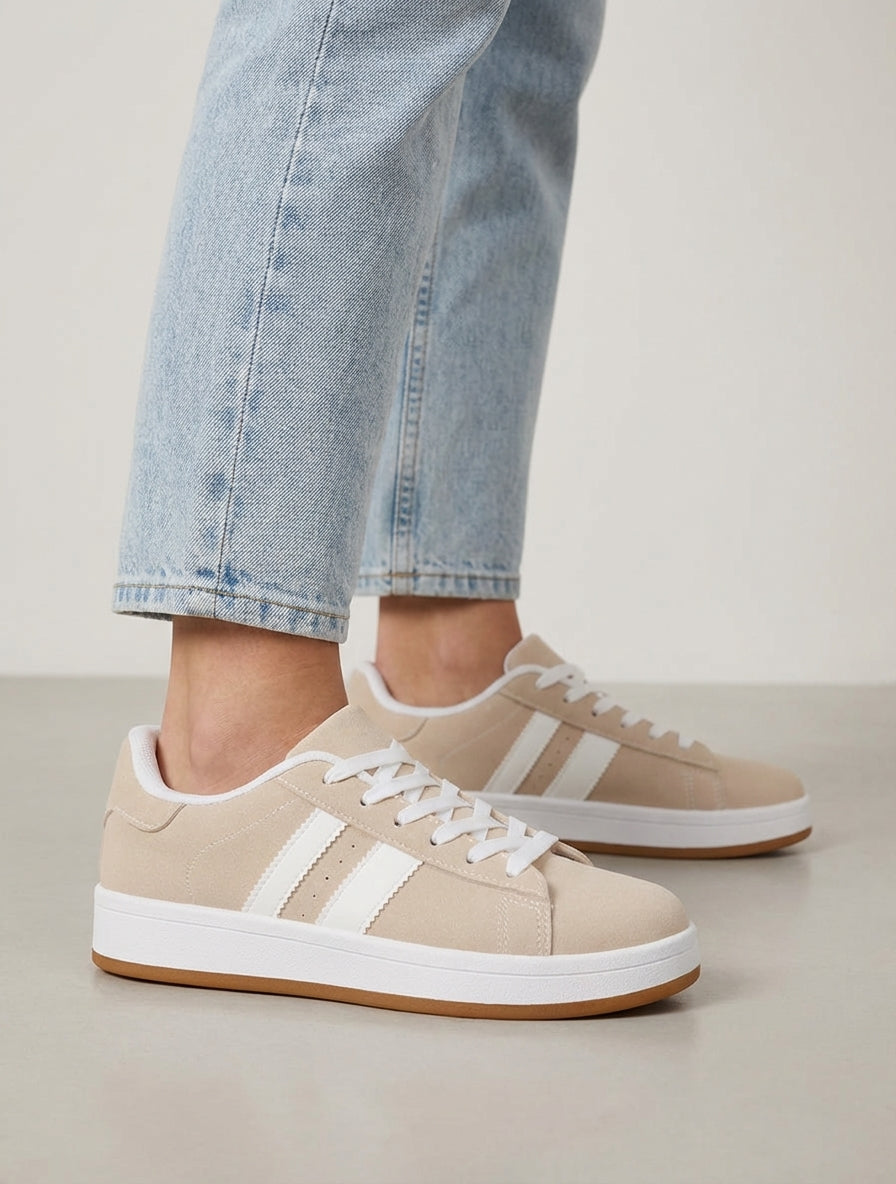 Sneakers effetto nabuk con bande a contrasto - Beige