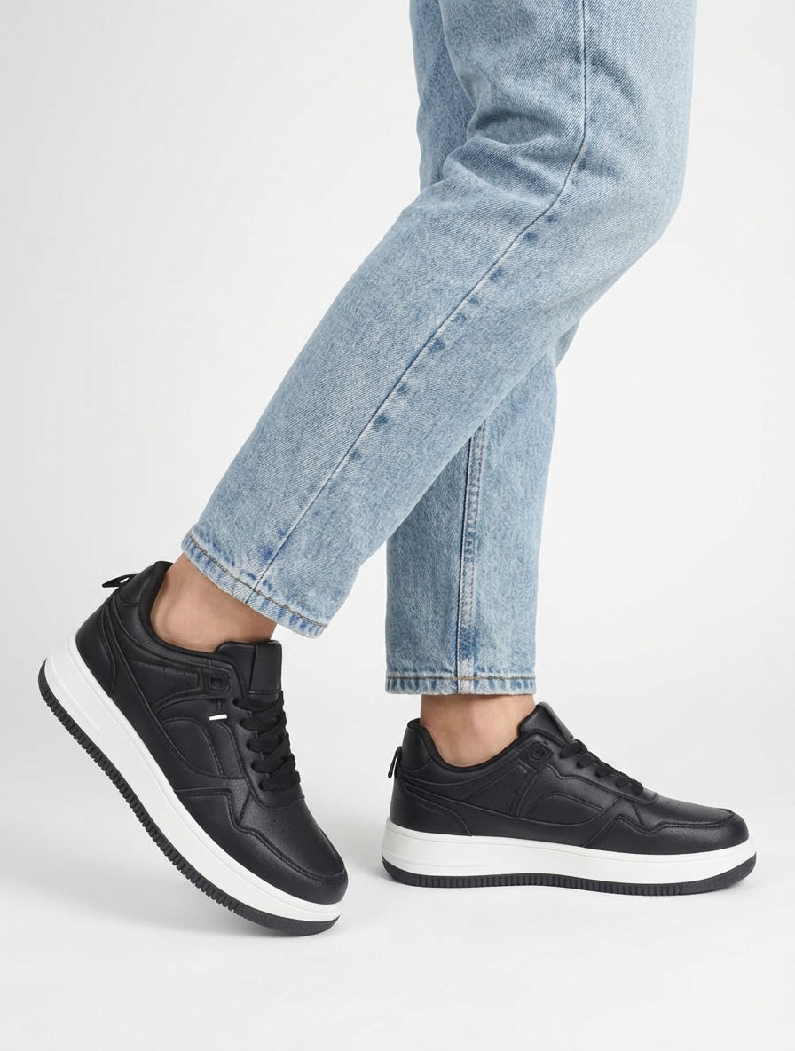 Sneakers in similpelle con suola spessa. - Nero