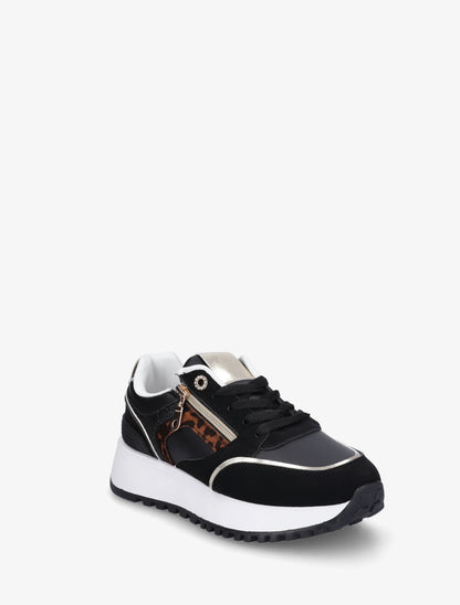 Sneakers à zip décoratif et bandes dépareillés - Noir - 2