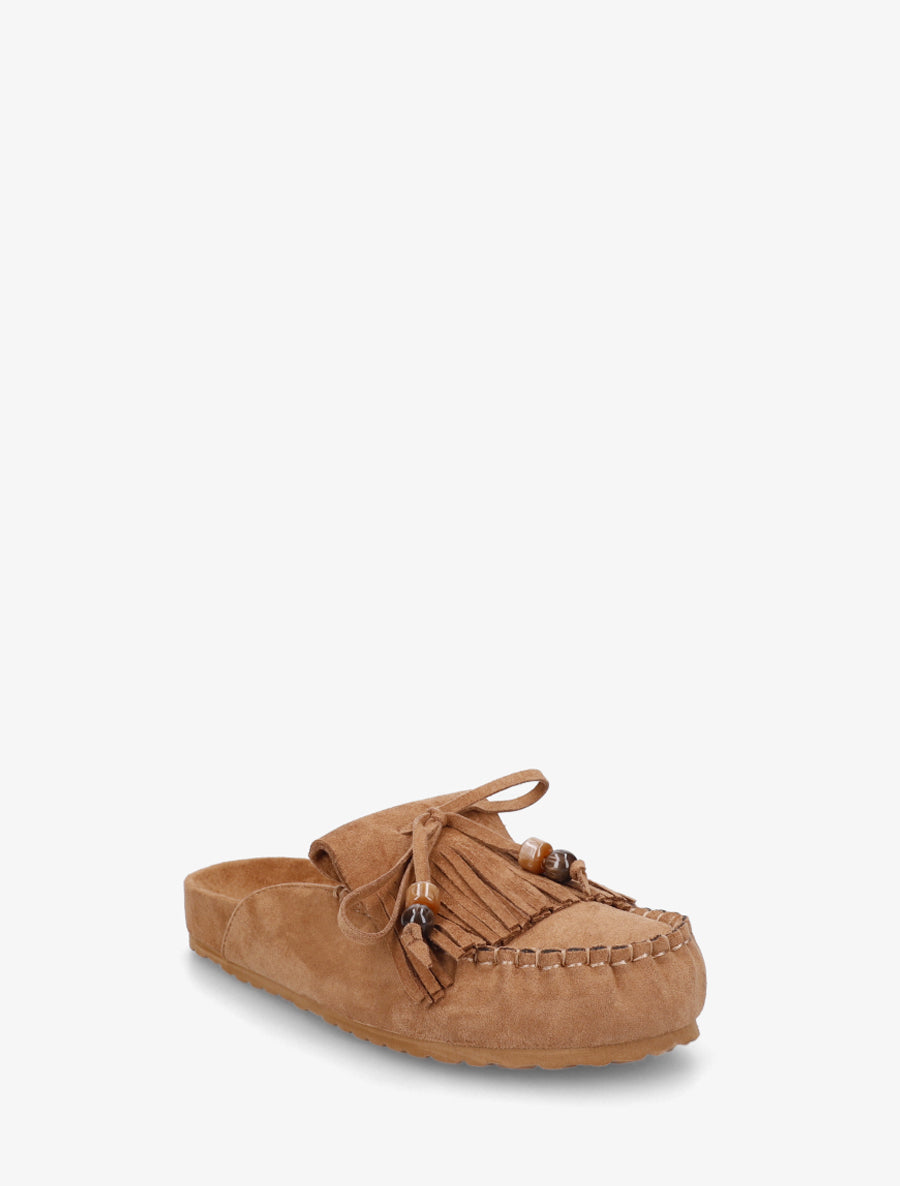 Mules frangées en suédine - Camel - 2