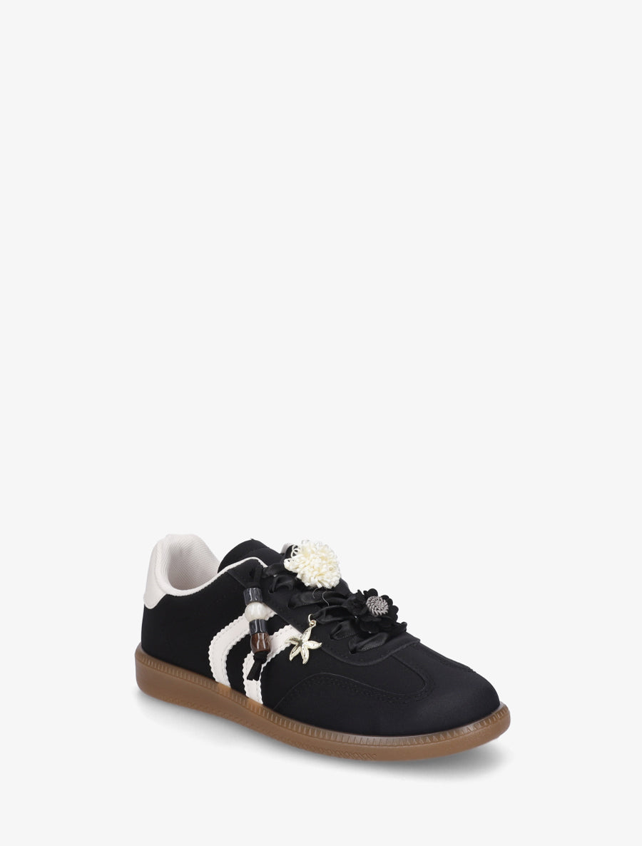 Sneakers à empiècement fleurs et perles en bois - Noir - 2