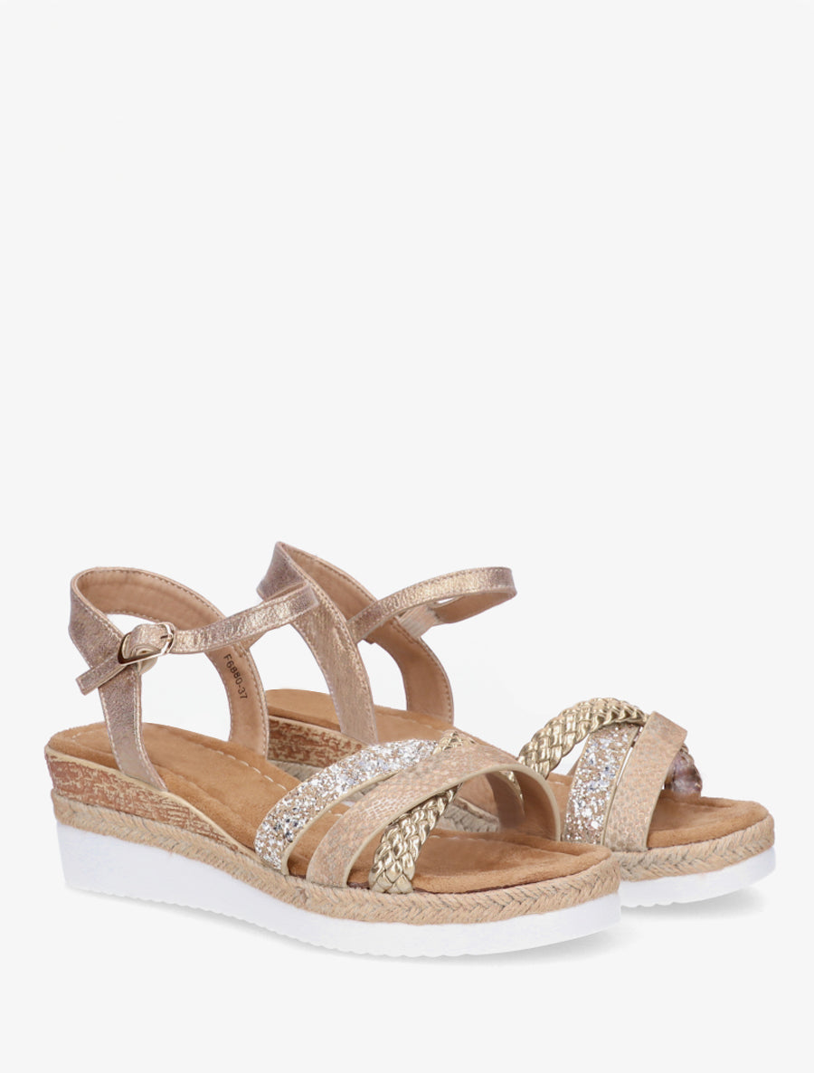 Sandales compensées à brides fantaisies pailletées - Or - 4