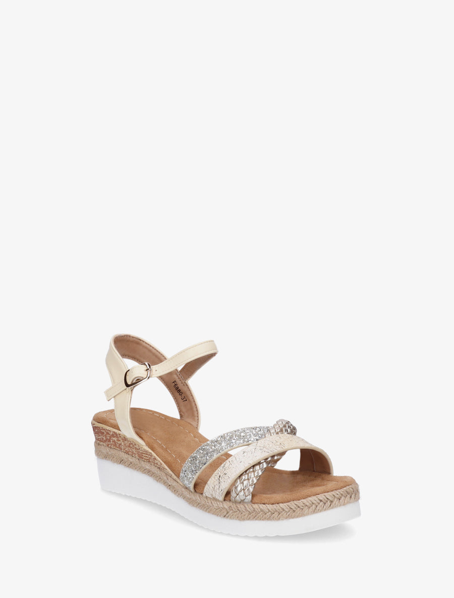 Sandales compensées à brides fantaisies pailletées - Beige - 2
