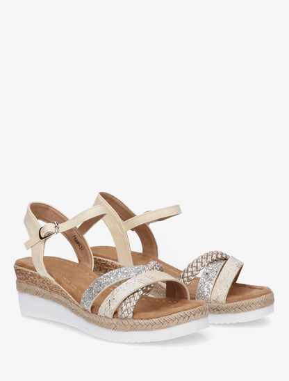Sandales compensées à brides fantaisies pailletées - Beige - 4
