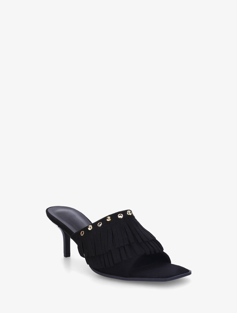 Mules en suédine à franges et clous - Noir - 2