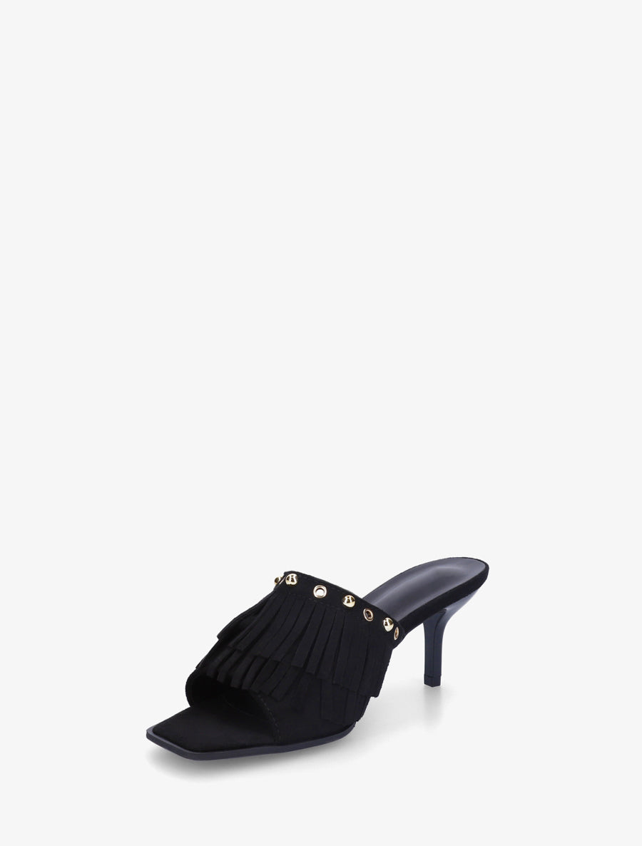 Mules en suédine à franges et clous - Noir - 3