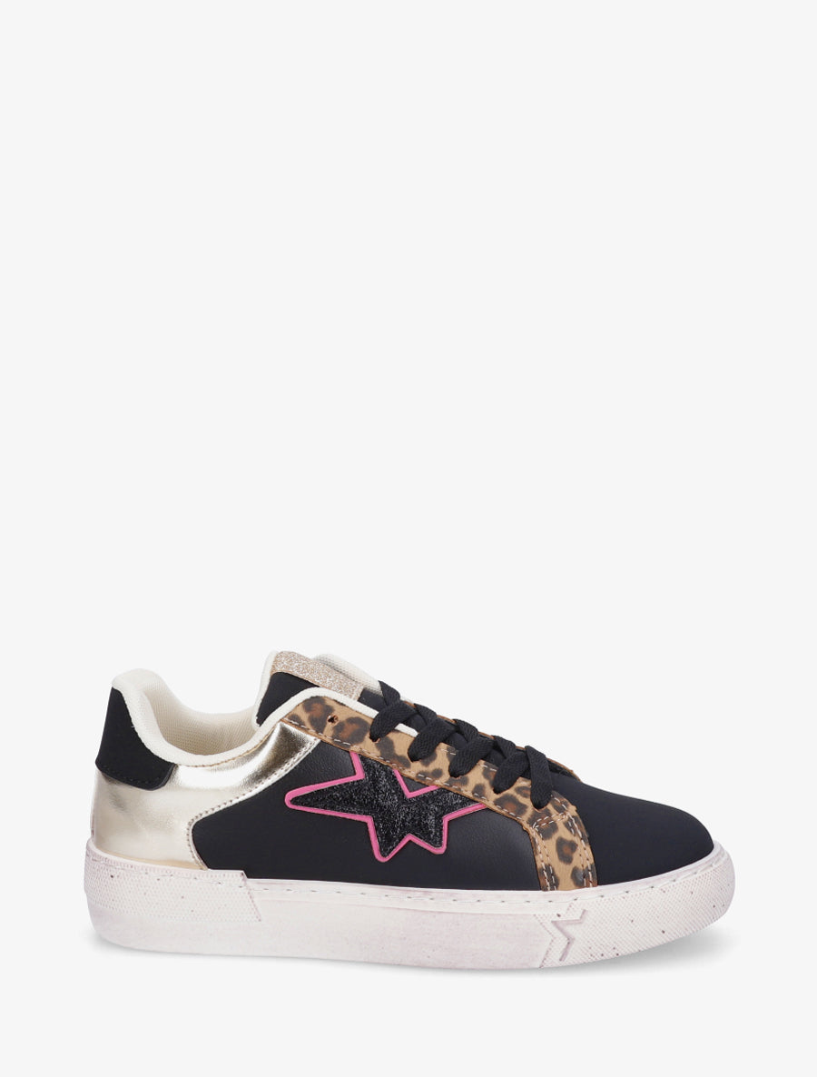 Sneakers en simili à motif étoile - Noir - 1