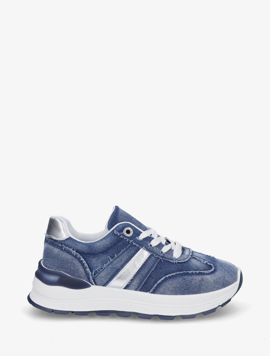 Sneakers en jean à bande et contrefort contrastant - Bleu denim - 1