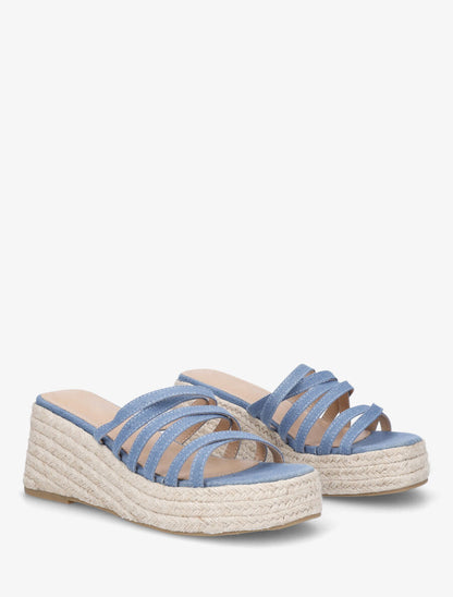 Mules compensées multibrides en toile - Bleu denim - 4