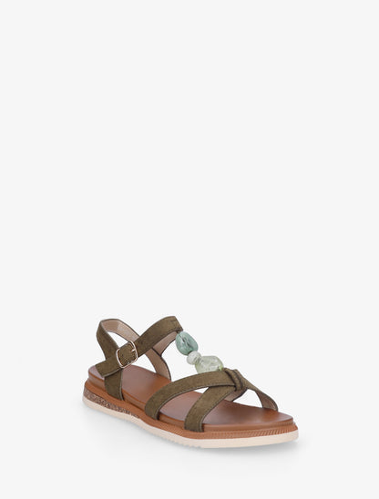 Nu-pieds en suédine à empiècement bijoux pierres - Kaki - 2