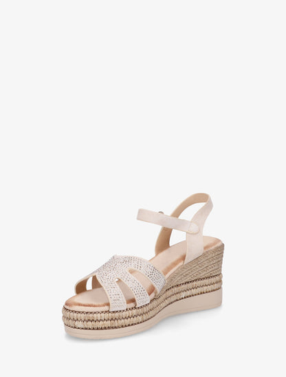 Sandales talon compensé à bride strassée - Beige - 3