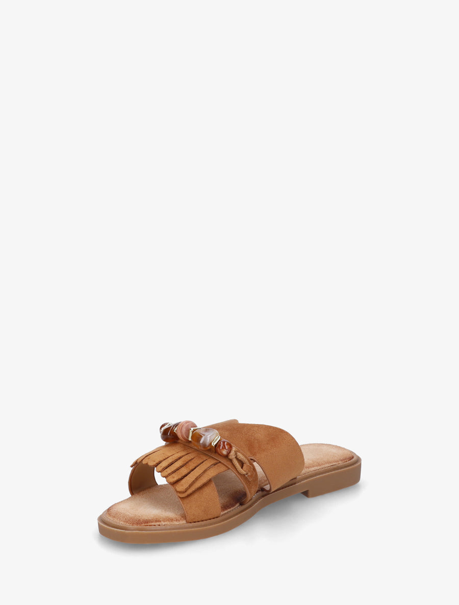 Mules en suédine à franges et perles - Camel - 3