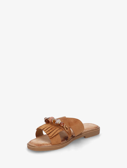 Mules en suédine à franges et perles - Camel - 3