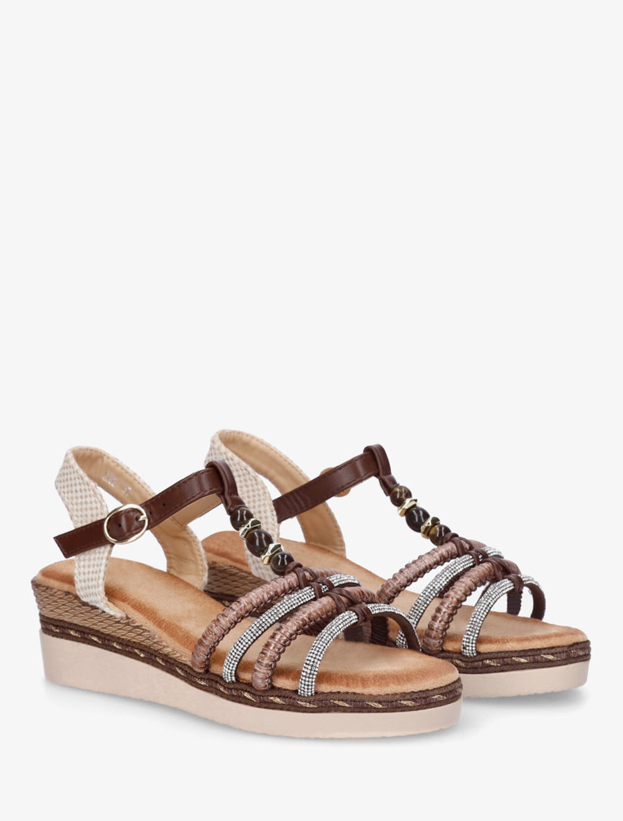 Sandales à brides tressées et strassées - Marron - 4