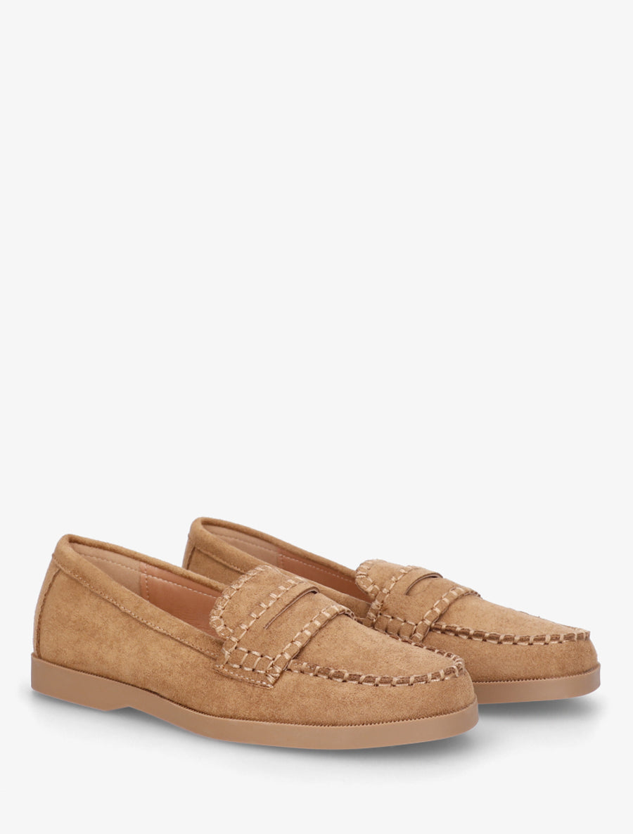 Mocassins en suédine à surpiqûres - Camel - 4