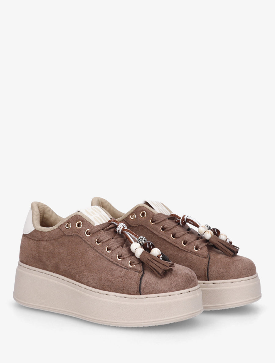 Sneakers en suédine à empiècement perles - Marron - 4