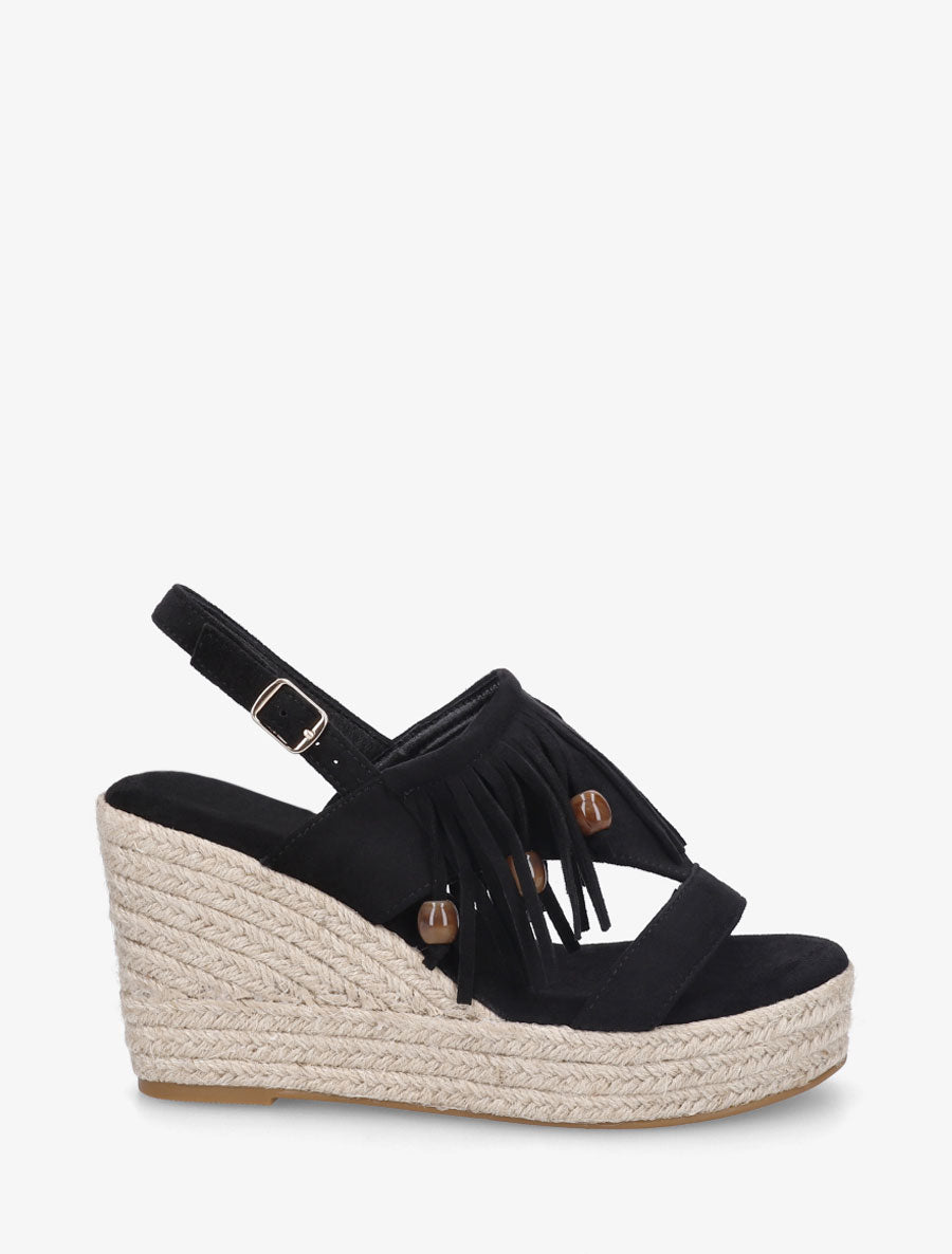 Sandales compensées à franges en suédine - Noir - 1