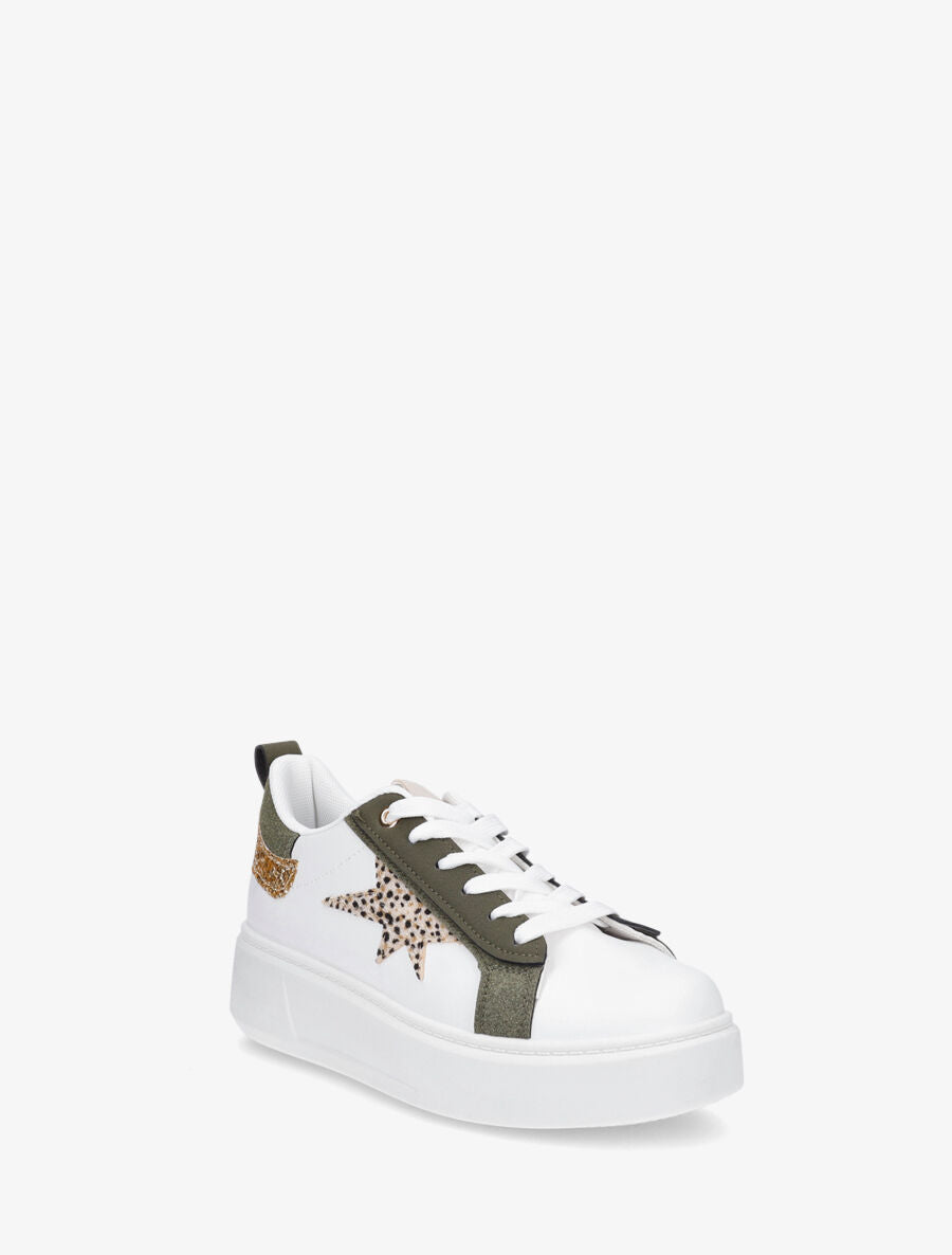 Sneakers en simili à motif étoile imprimé léopard - Kaki - 2