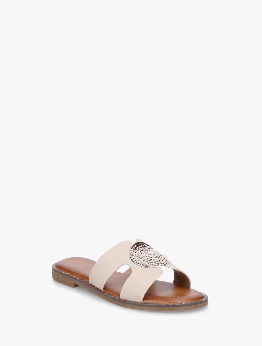 Claquettes unies à empiècement métal - Beige - 2