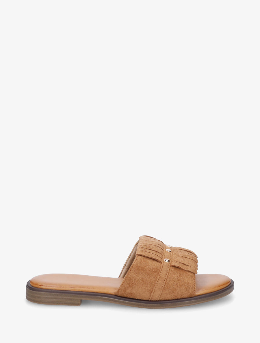 Claquettes en suédine à franges - Camel - 1