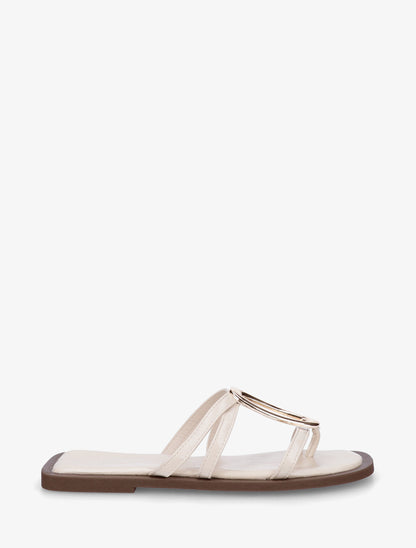 Mules plates à fines brides et bijou métal - Beige - 1