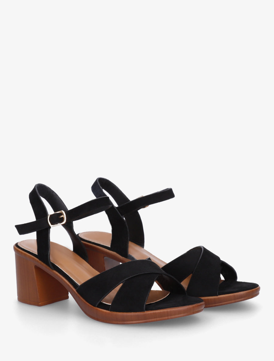 Sandales croisées en suédine à talon carré - Noir - 4