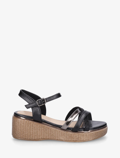 Sandales compensées à brides croisées fantaisies - Noir - 1