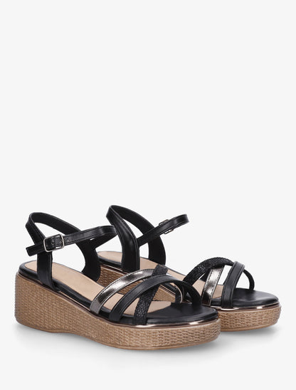 Sandales compensées à brides croisées fantaisies - Noir - 4