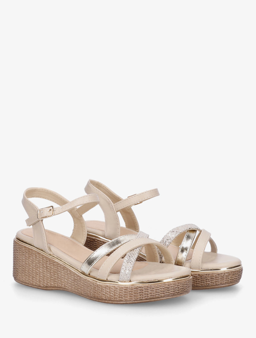 Sandales compensées à brides croisées fantaisies - Beige - 4